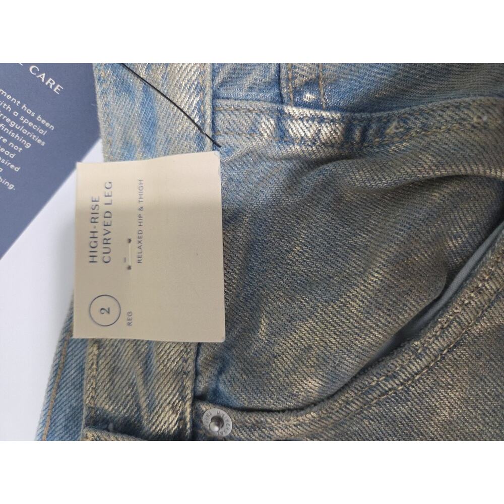 Women's Metallic Gold Barrel Jeans High Rise Curved Leg Button Fly Size 2 New - Picture 2 of 6